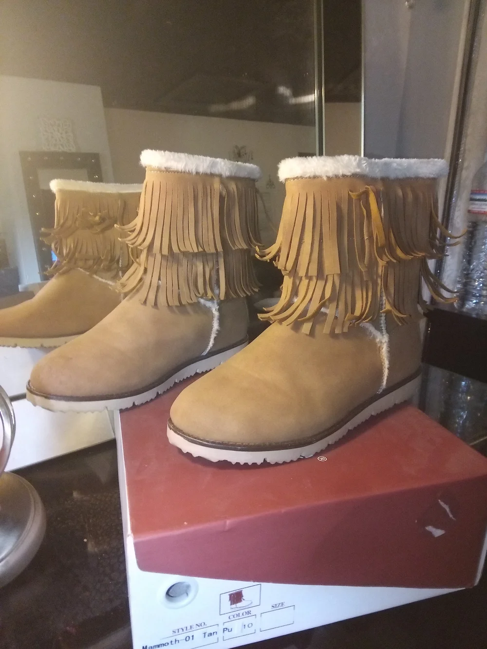 Nature Breeze Tan Fringe Faux-Shearling Ankle Boots